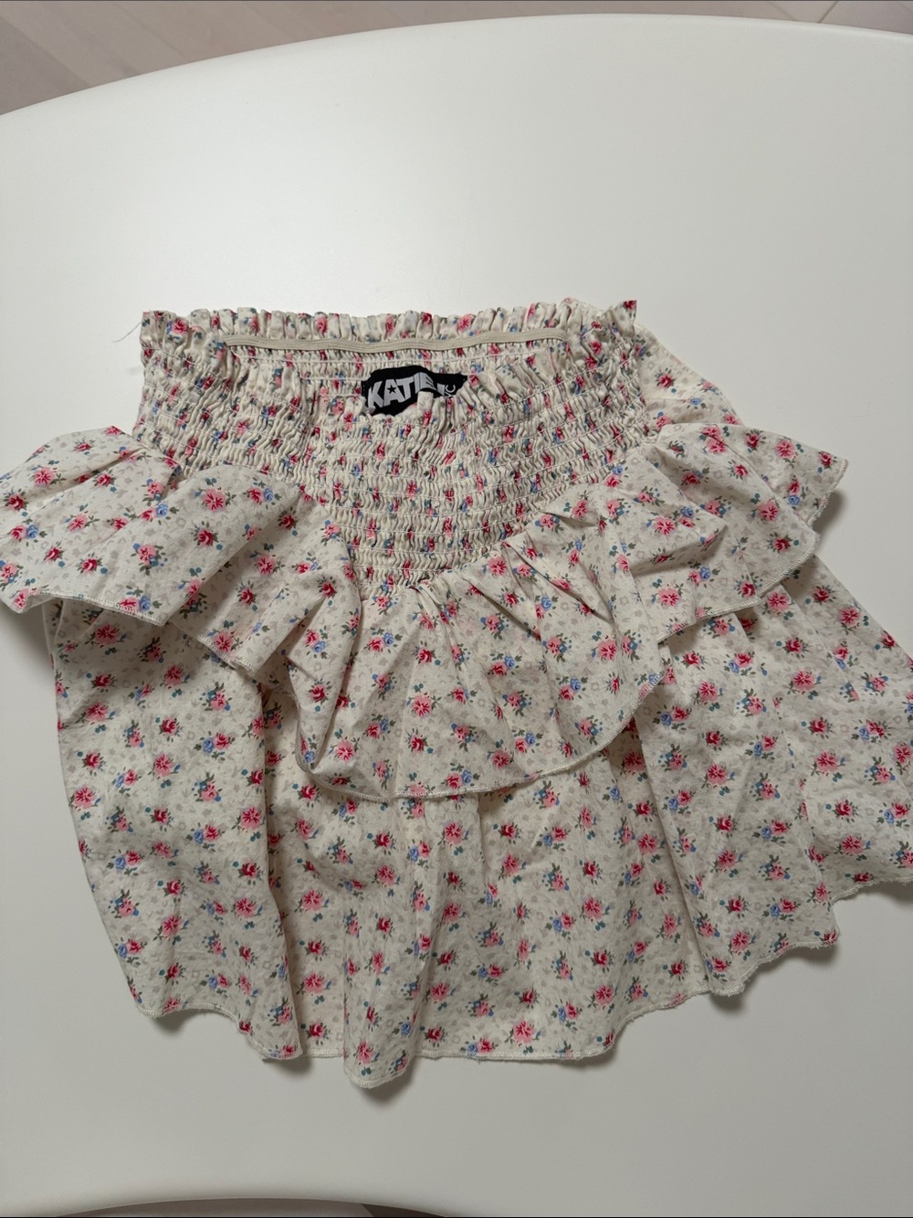 Katie J NYC Cream Floral Ruffle Smocked Skirt with Pink & Blue Accents